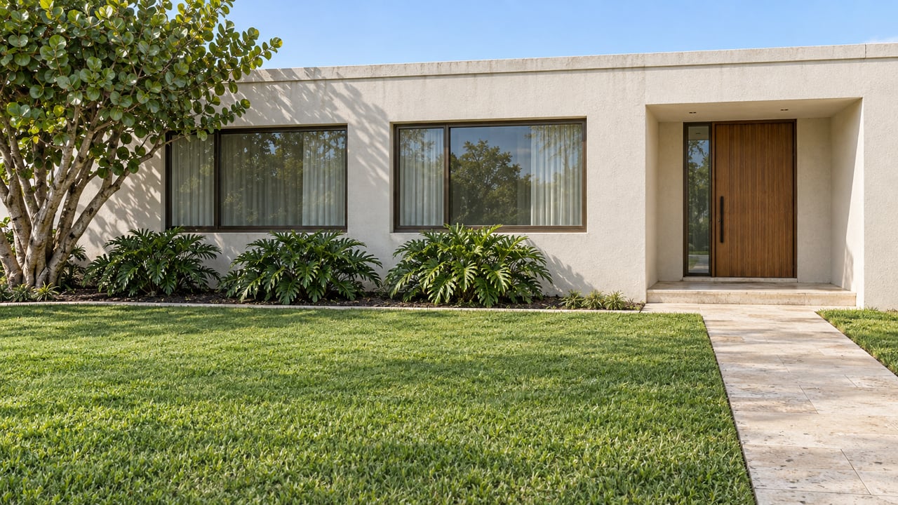 A low ivory-stucco home beyond a broad green lawn, with bronze-framed windows, a recessed wood entry, limestone walk, and a sculptural sea-grape tree.