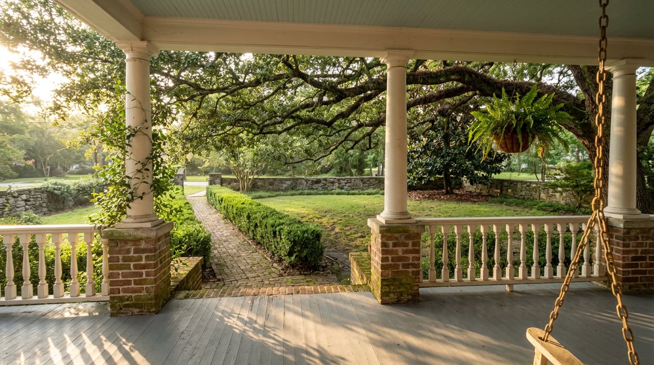 Brick porch steps and walkway lead through a clipped hedge beneath a broad oak canopy.
