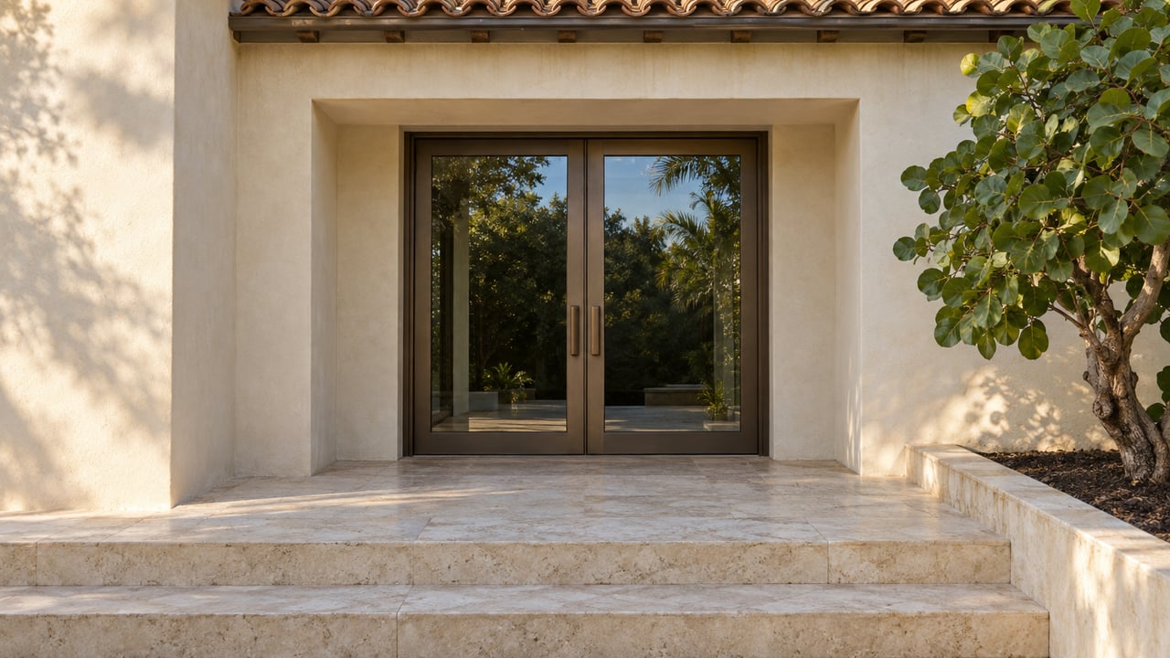 Cream stucco residence with paired bronze-framed glass doors, limestone steps and a sculptural sea-grape tree.