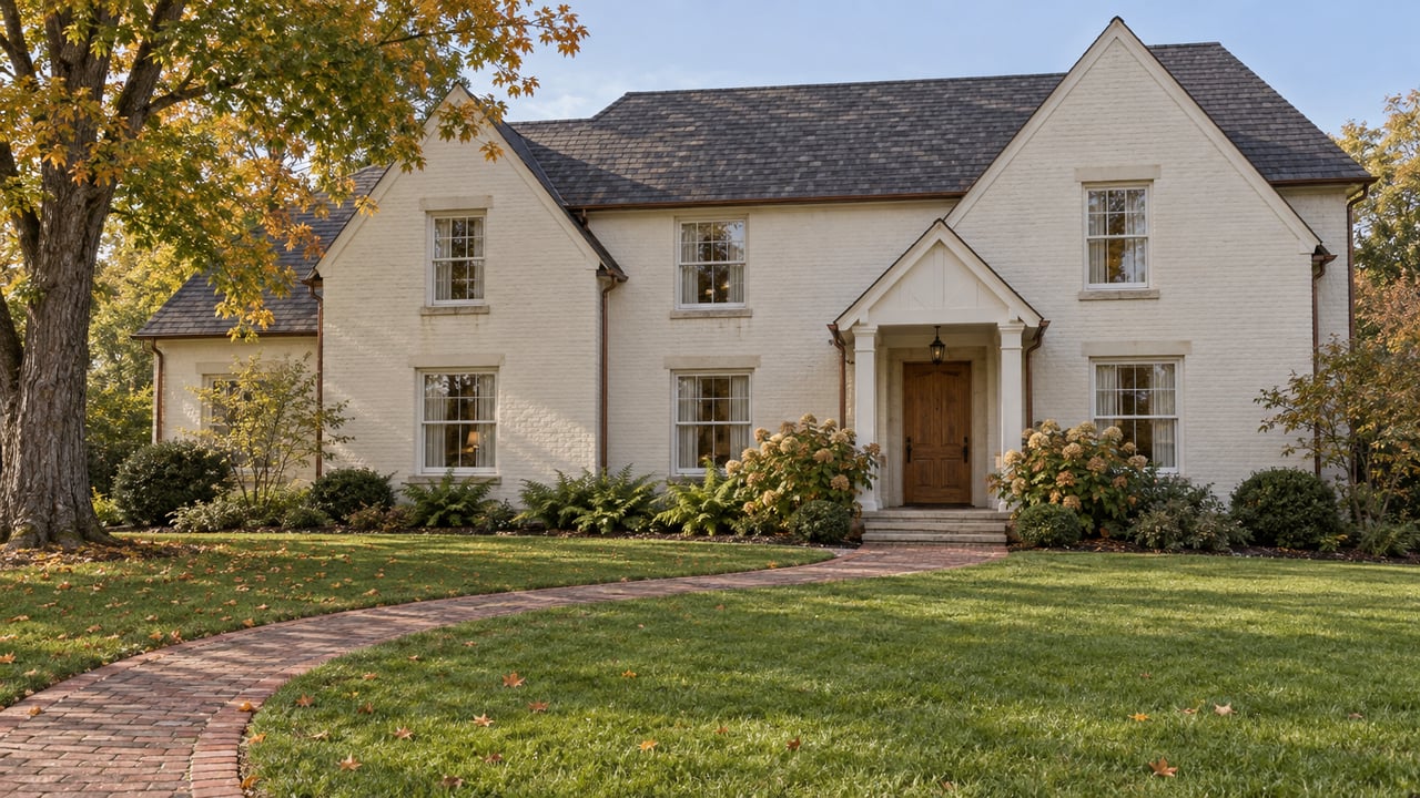 Cream brick home with steep charcoal gables, white-trim windows and a curved brick walk across a deep autumn lawn.