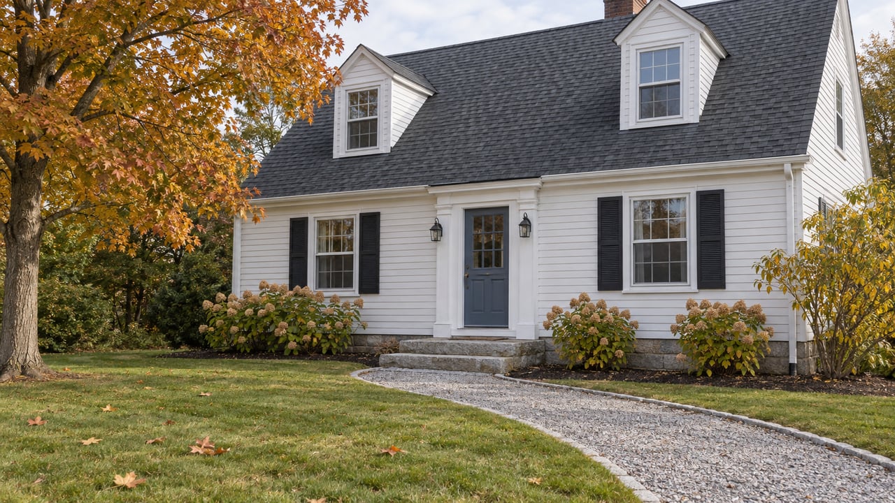White clapboard house with a blue front door, granite steps, a deep autumn lawn and a mature maple turning gold.