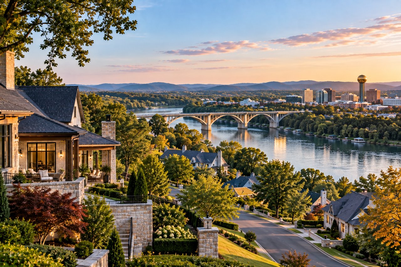 Luxury homes in Sequoyah Hills overlooking the Tennessee River and Knoxville skyline, showcasing the neighborhood’s scenic riverfront setting, mature trees, and elegant residential character.