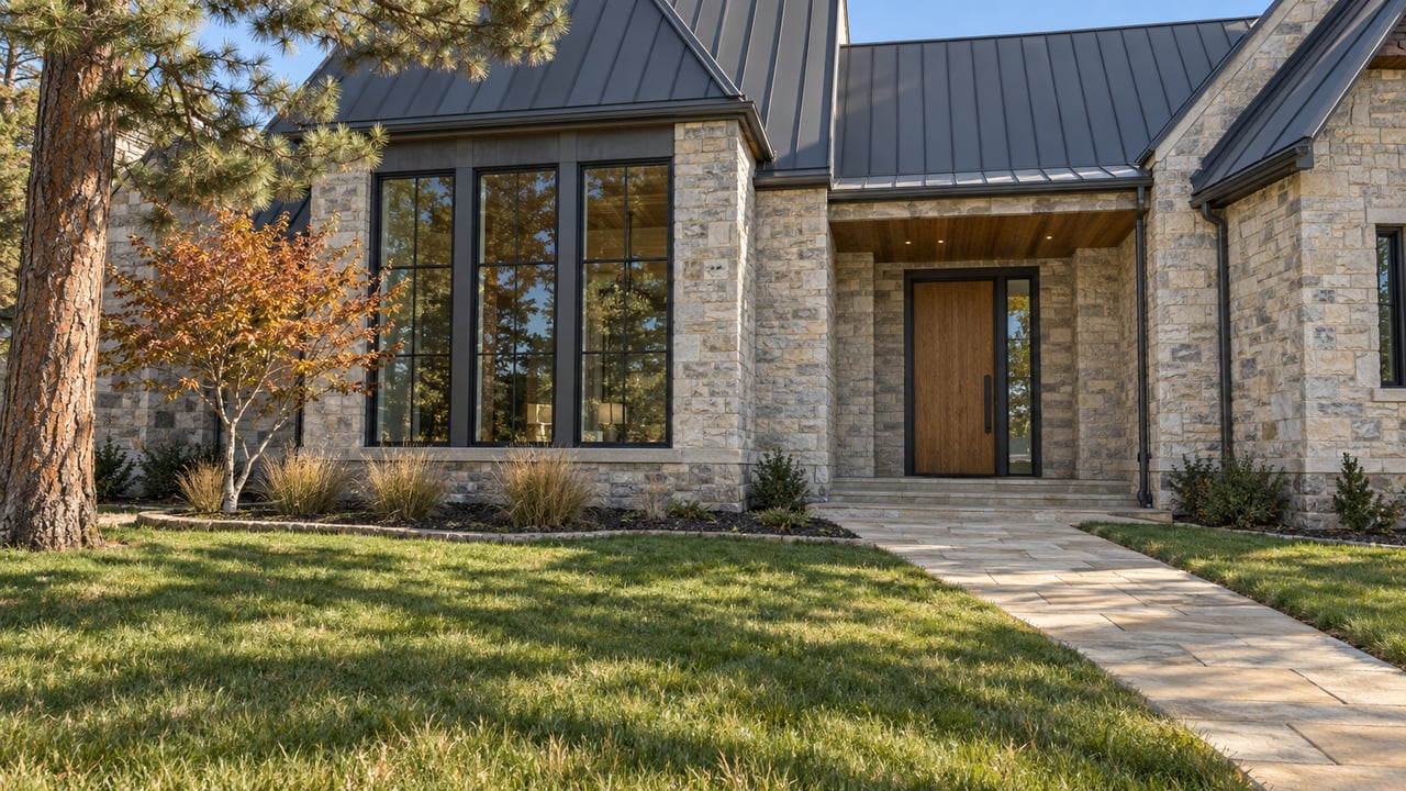 Stone-and-timber home with steep gray roofs, dark-framed windows and a sandstone approach across a deep autumn lawn.