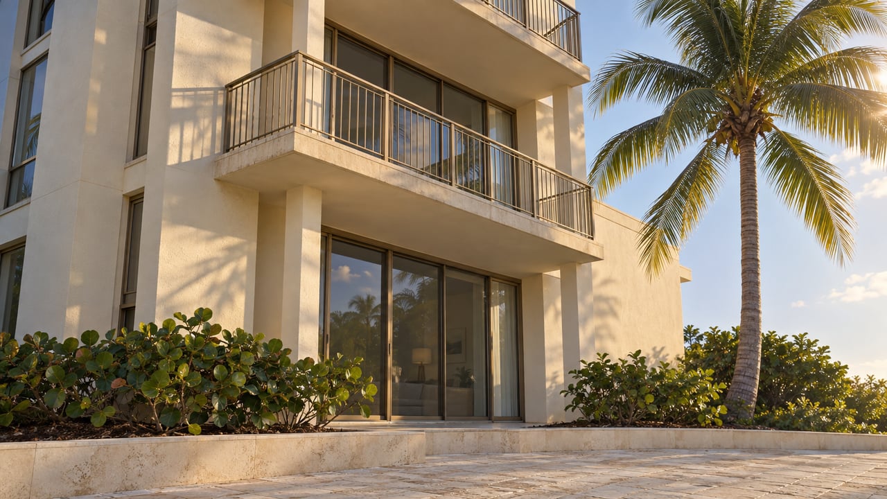 Cream stucco condo facade with two stacked balconies, beside a coconut palm and planted court.