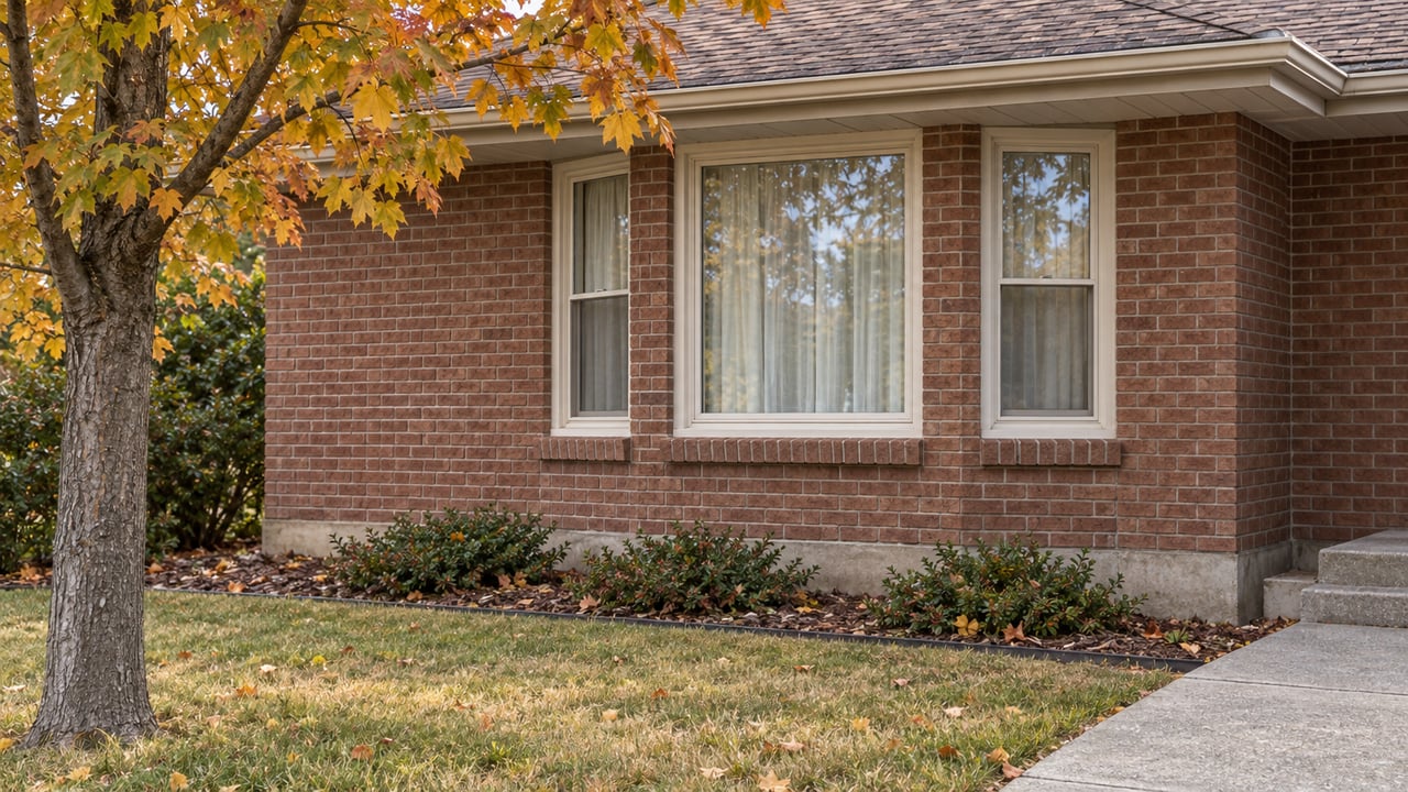 Autumn light on a red-brown brick bungalow window bay, with cream window frames, a maple tree and a front lawn.