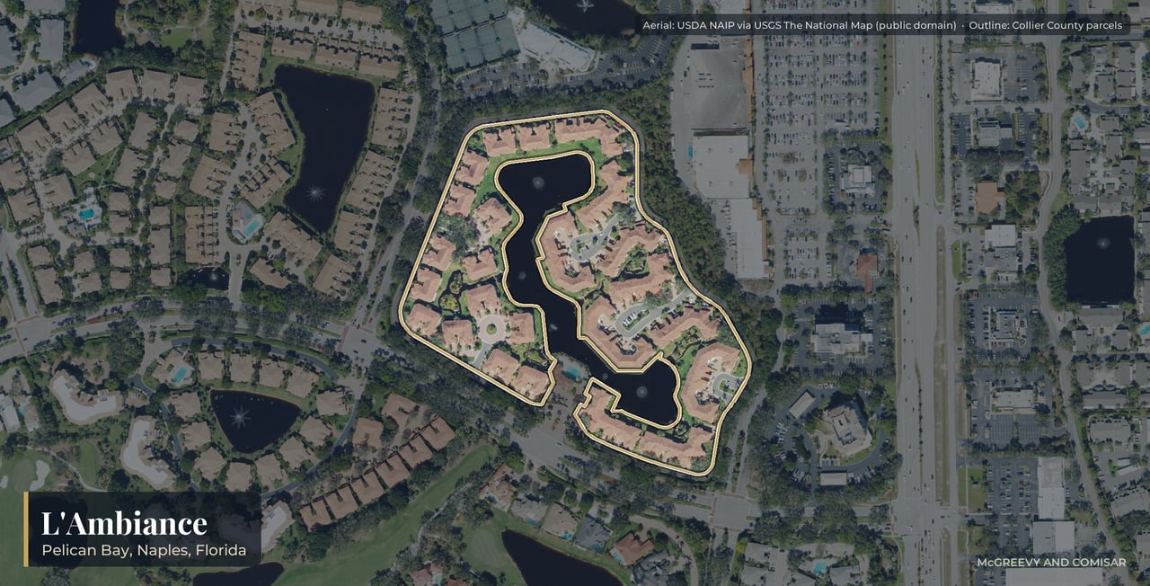 Aerial view of L'Ambiance at Pelican Bay, Naples, Florida, with its parcels outlined