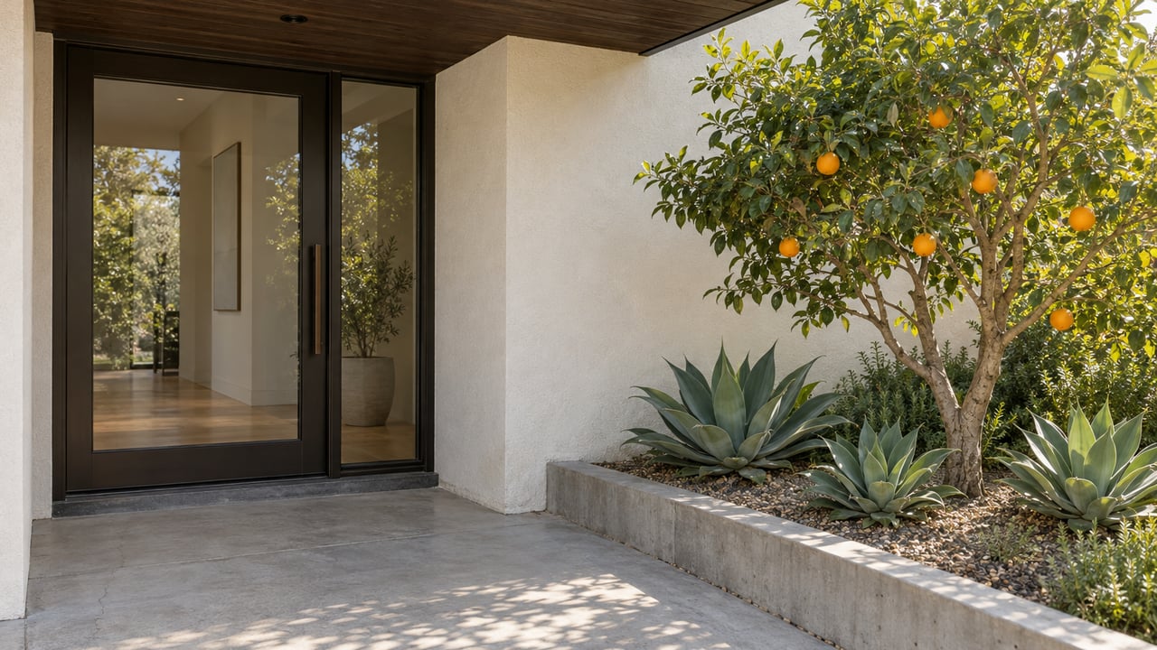 A covered modern home entrance with warm-white stucco, a glazed bronze-black door, concrete paving, and a citrus tree beside three agaves.