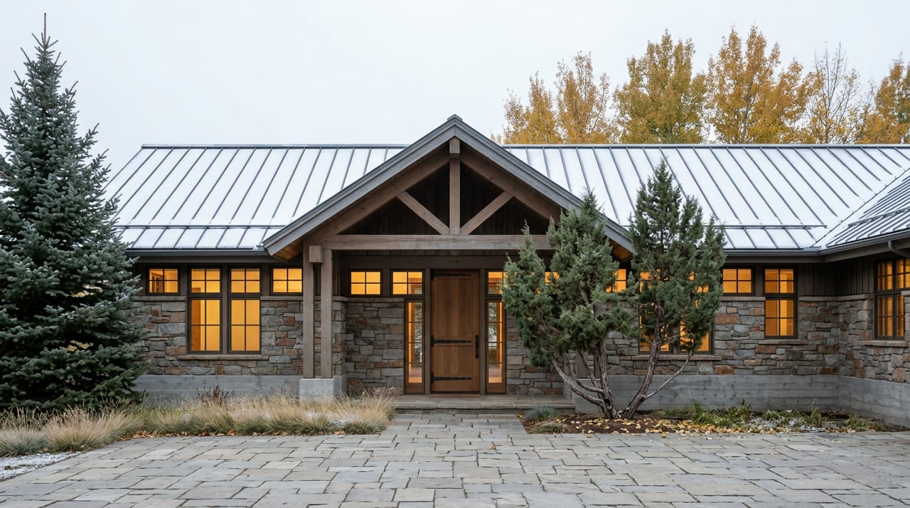 Mountain lodge with a lightly snow-dusted roof, glowing windows, stone courtyard, and golden aspens behind.