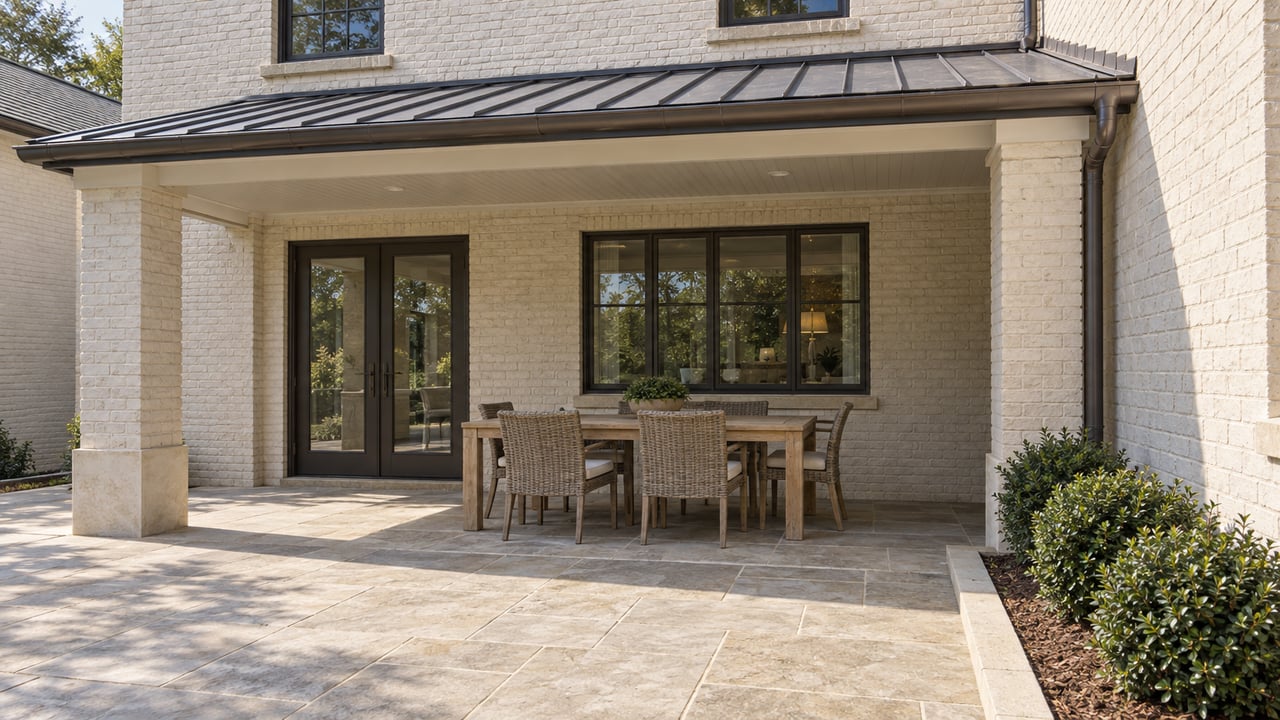 Ivory brick home with a shaded dining porch, teak table and limestone terrace edged by three compact yaupon hollies.