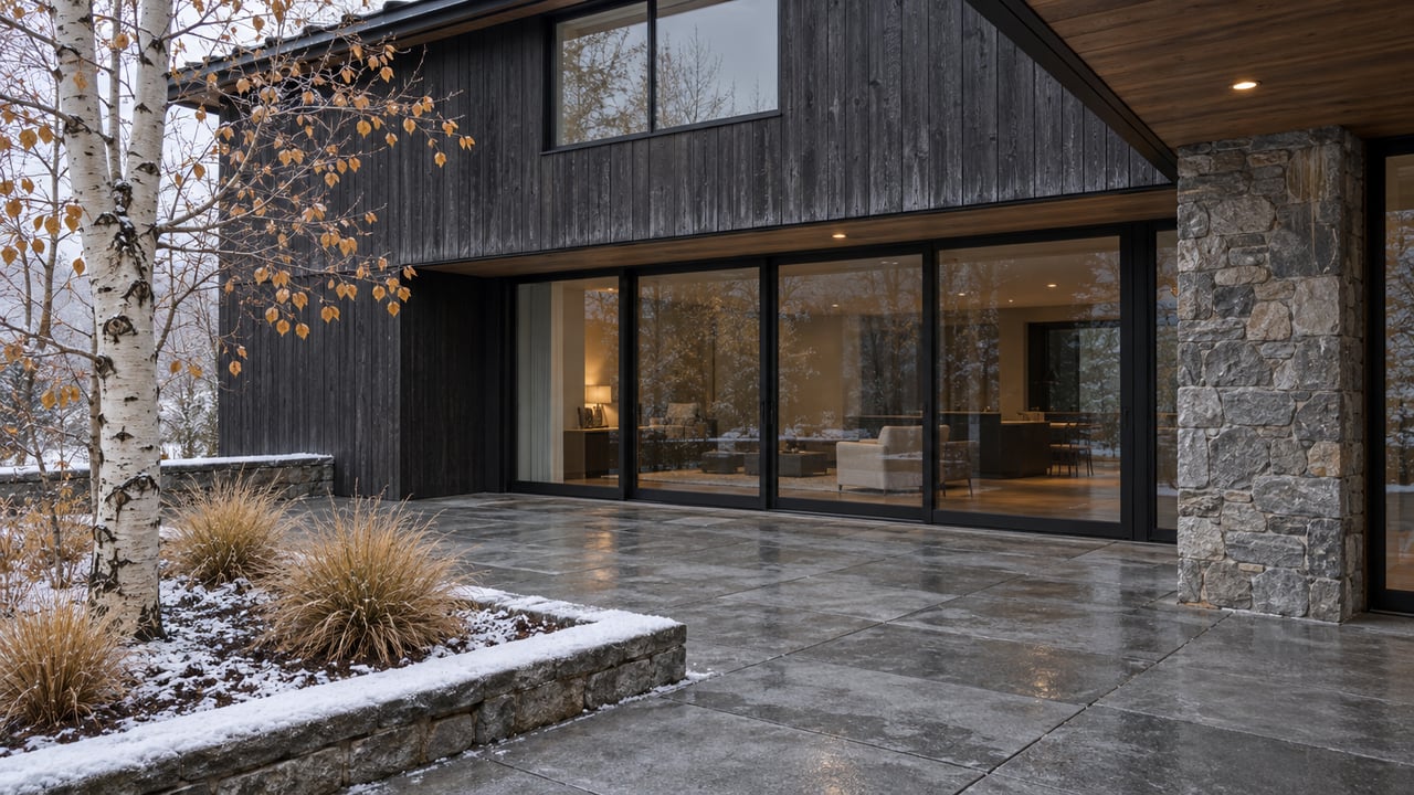 A dark timber home with enclosed glass doors and a stone terrace edged by melting snow, a white-barked aspen and autumn grasses.