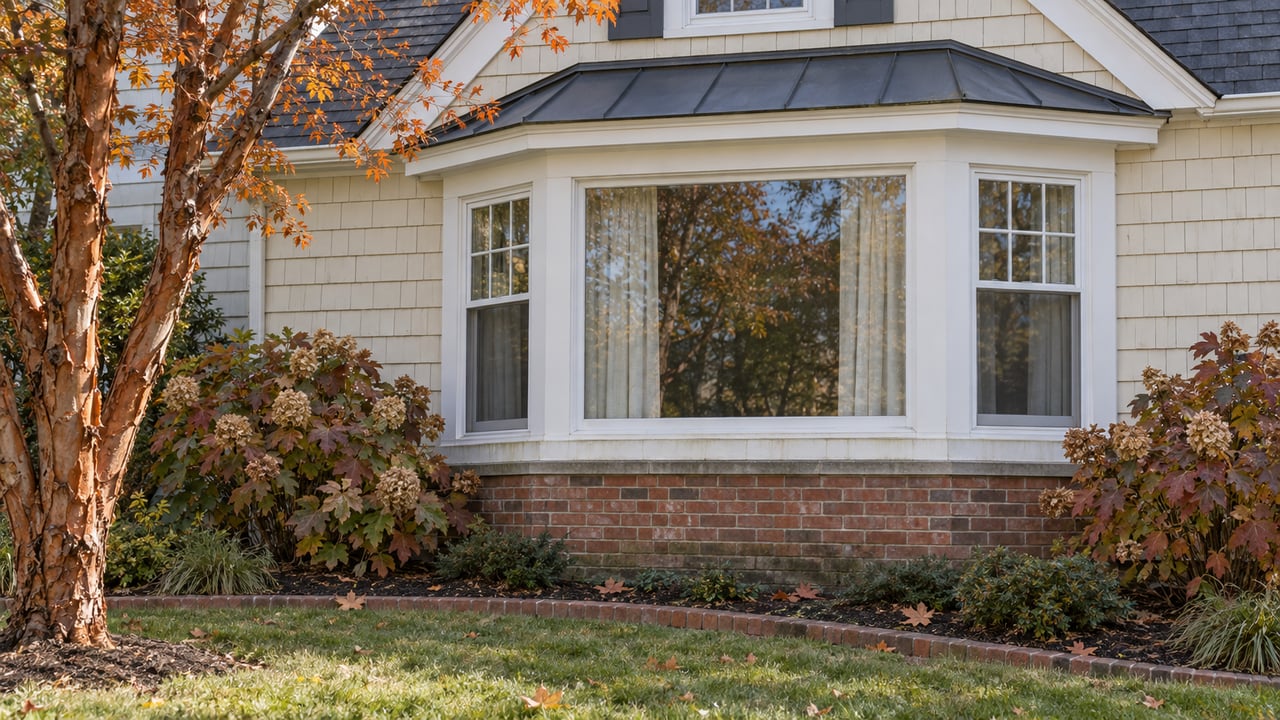 Ivory shingle facade with a white bay window, weathered brick foundation and autumn hydrangeas beside a peeling-bark maple.