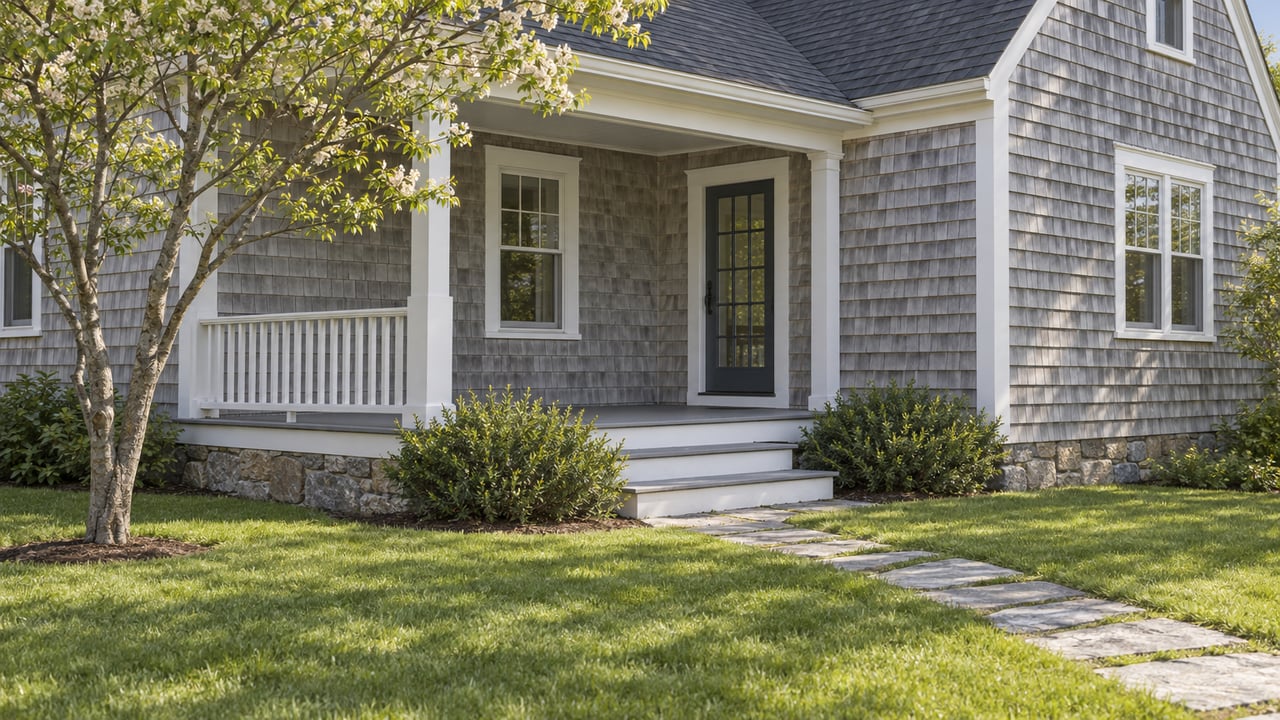 Gray-shingled cottage with a raised white-trimmed porch, granite path, and small tree beside the steps.