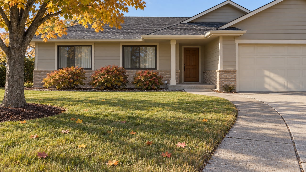 Single-story beige house with brick accents, a two-car garage, and golden autumn leaves.