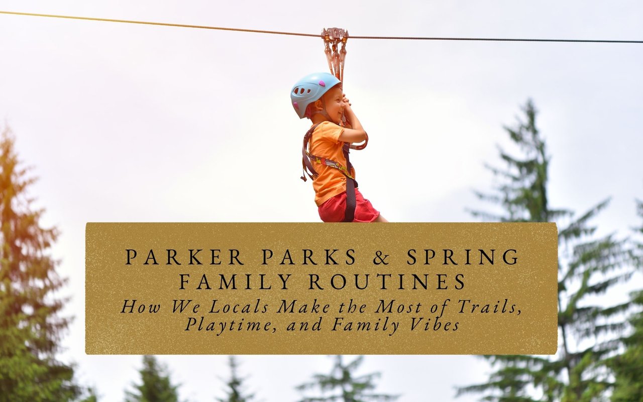 Kids on zip line at Bayou Gulch's adventure playground amid spring wildflowers and gravel trails, Parker CO families hiking nearby wetlands