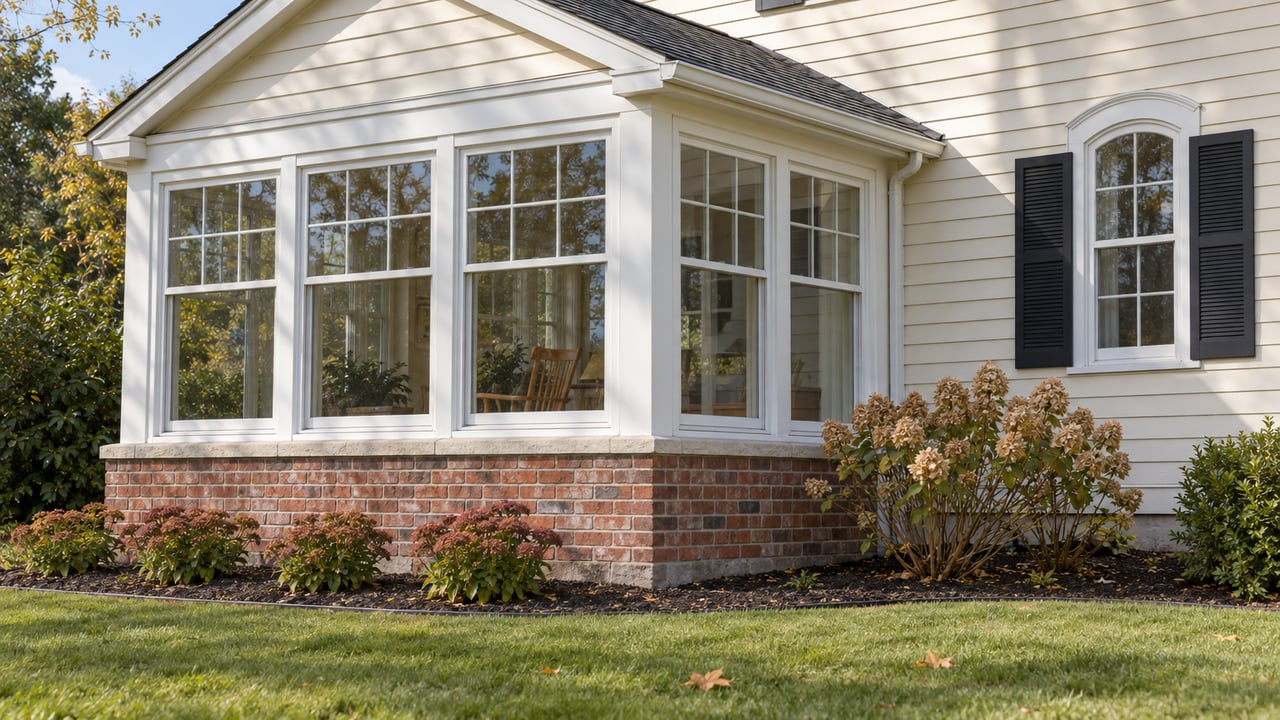 Ivory clapboard cottage sunroom with divided-light windows, weathered brick foundation, and a small autumn garden.