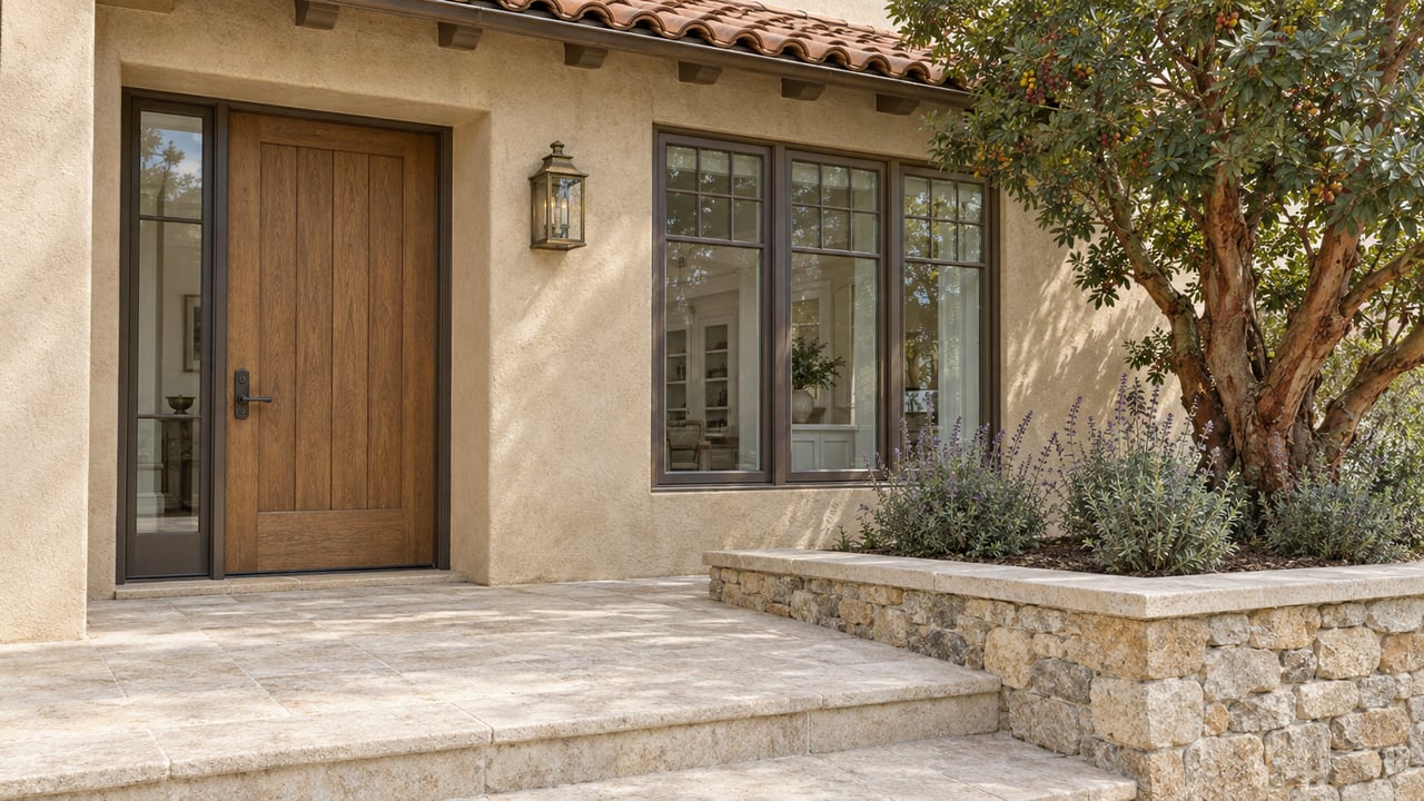 Warm stucco home entrance with an oak door, divided-light windows, limestone steps and a stone planter holding a mature strawberry tree.