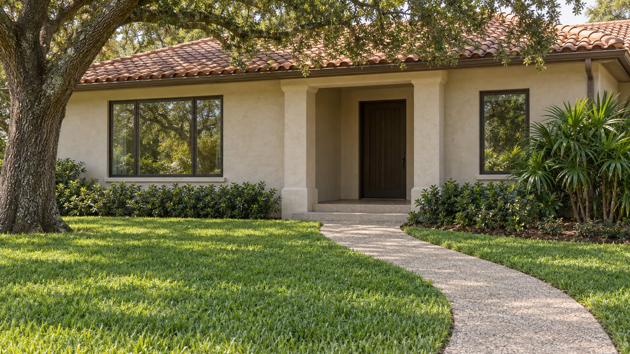 Sand-toned stucco house with a clay-tile roof, shaded porch, oak canopy, and curving walkway across the lawn.