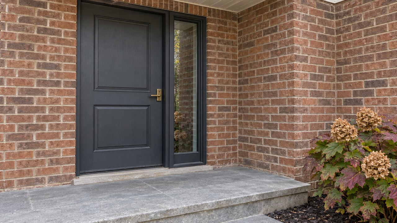 Close view of a charcoal front door with brass hardware, red-brown brick, a limestone landing and autumn oakleaf hydrangea.
