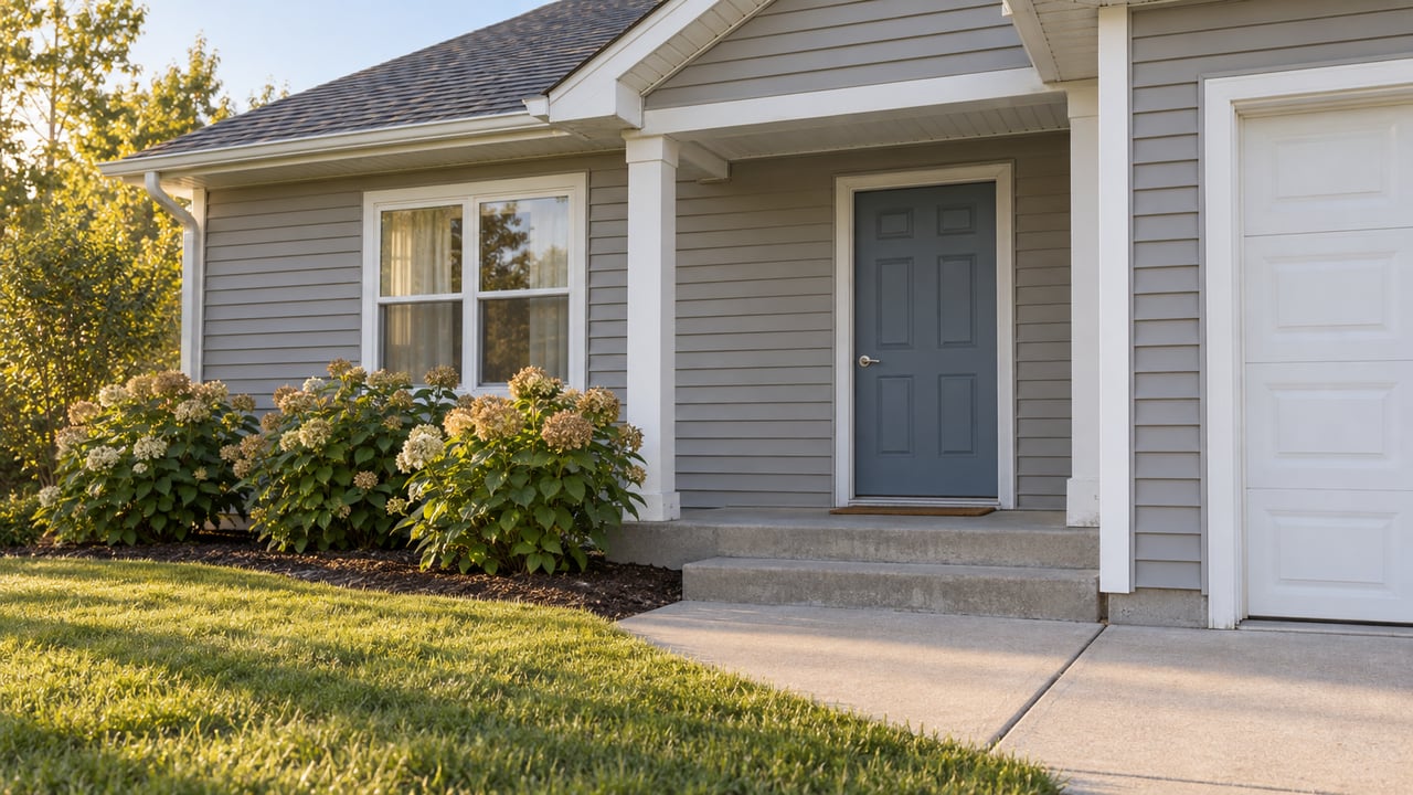 Gray-sided home with a sheltered blue front door, concrete steps, lawn and drying hydrangea blooms in afternoon light.