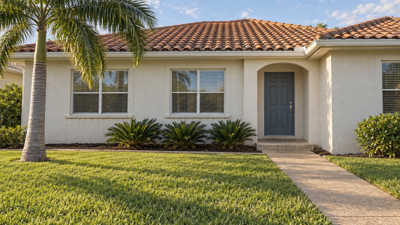 Single-story stucco rental home with a terracotta roof, blue entry door, deep lawn, and a mature palm in warm afternoon light.