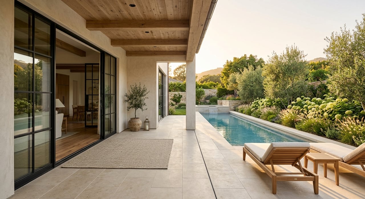 Backyard lap pool beside teak loungers, a glass-fronted loggia, limestone terrace, and planted lawn edge.