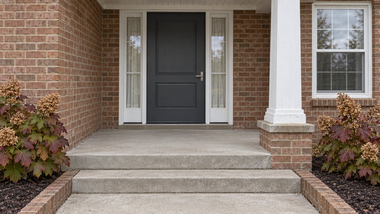 Brick home entry with a charcoal door, matching sidelights, white porch column and concrete steps bordered by oakleaf hydrangeas.