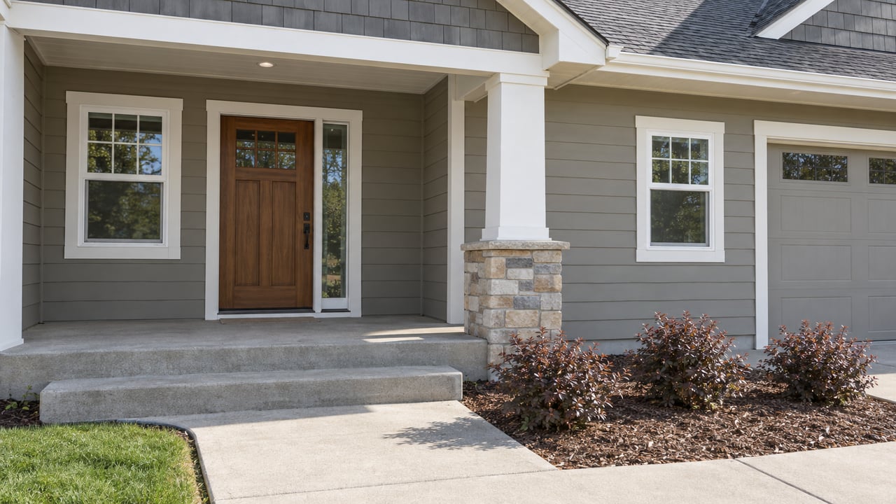 Covered entry of a gray lap-sided home with a wood door, stone-base porch column, concrete steps and burgundy-leaved shrubs.
