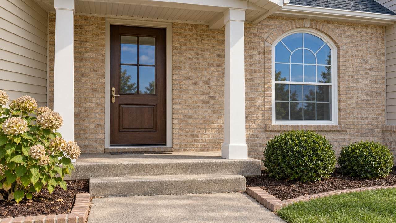 Close view of a buff-brick home's covered entrance, white porch columns, arched window, and neatly edged beds of boxwood and hydrangea.