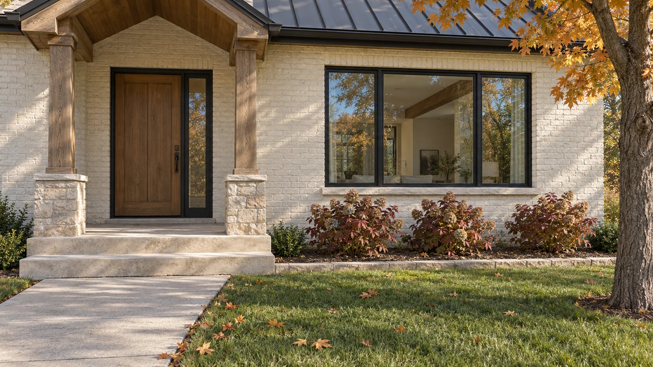 Ivory brick home with an oak porch, limestone entry steps and amber maple foliage in soft autumn morning light.