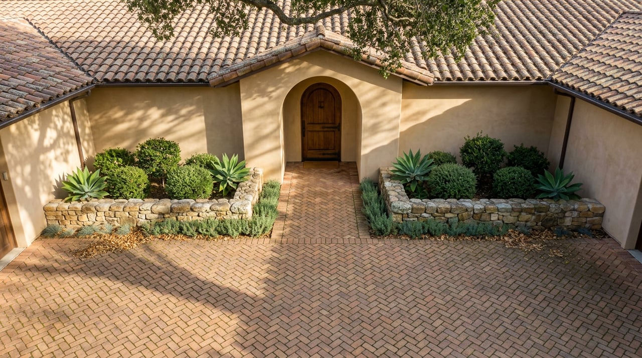 Herringbone clay-paver motor court beneath a spreading oak, leading to a stucco archway and walnut entry door.