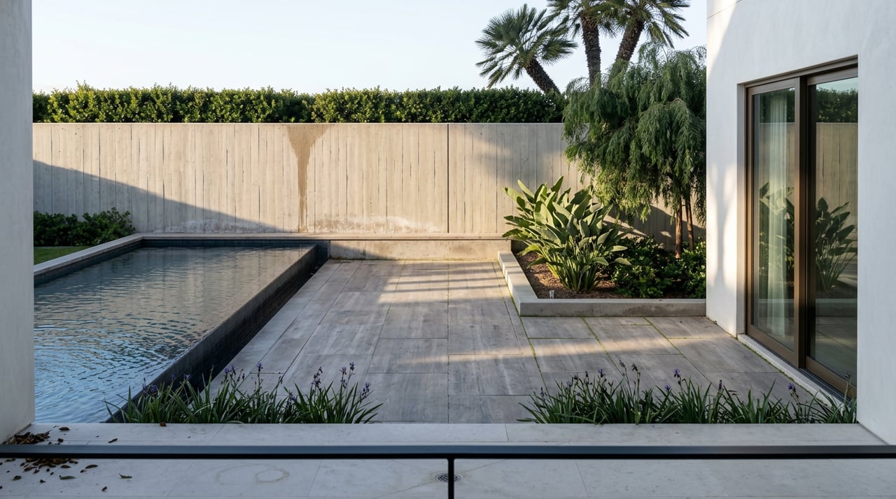 Walled courtyard with a lap pool, travertine paving, tropical planting, and a palm above the concrete wall.