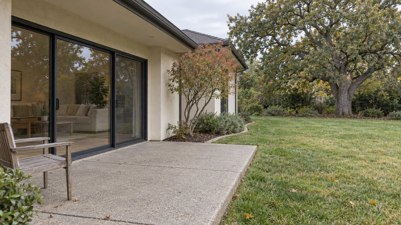 Updated single-story home with closed black-framed glass doors, a weathered teak chair, and a concrete terrace beside an oak-shaded lawn.