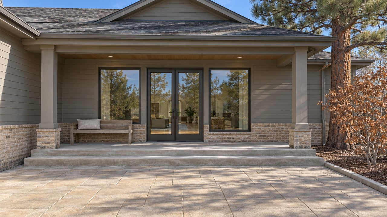 Gabled home with gray siding, brick base, enclosed glass doors, and a paved rear terrace beside a ponderosa pine and russet-leaved Gambel oak.