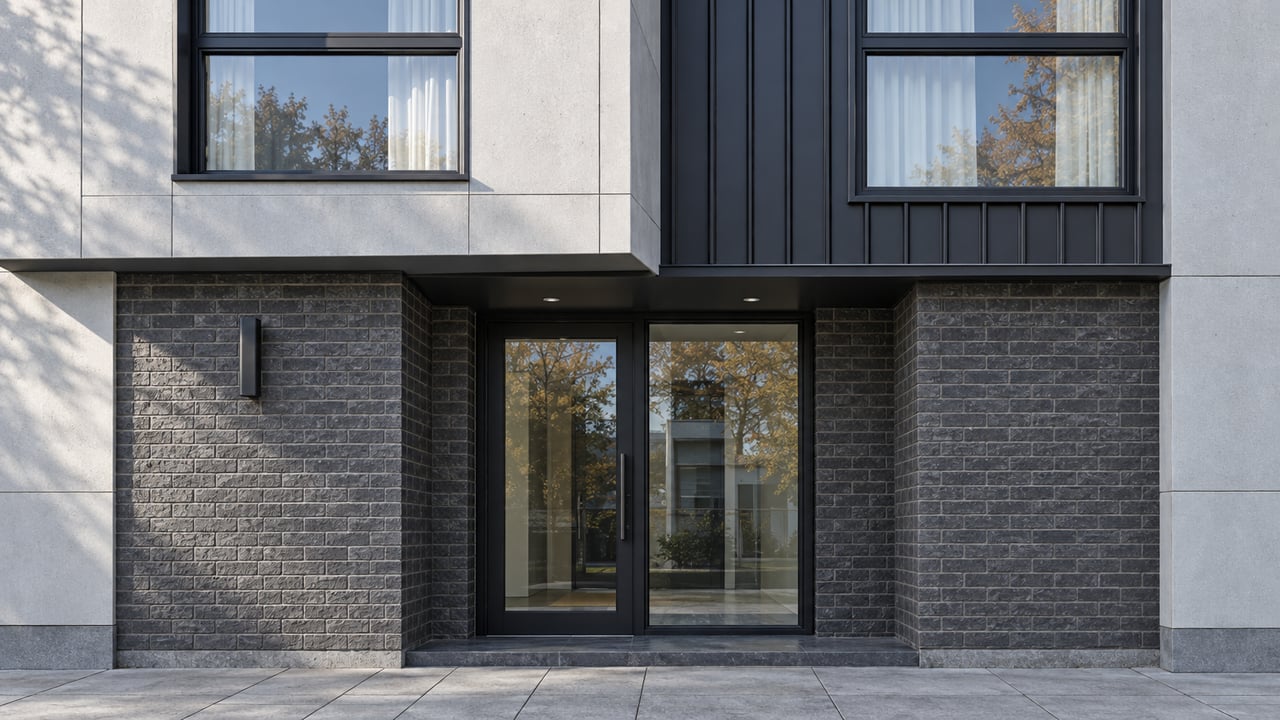 Low-angle view of a modern residential entrance with charcoal brick, ribbed black metal, pale panels and paired upper windows in autumn daylight.
