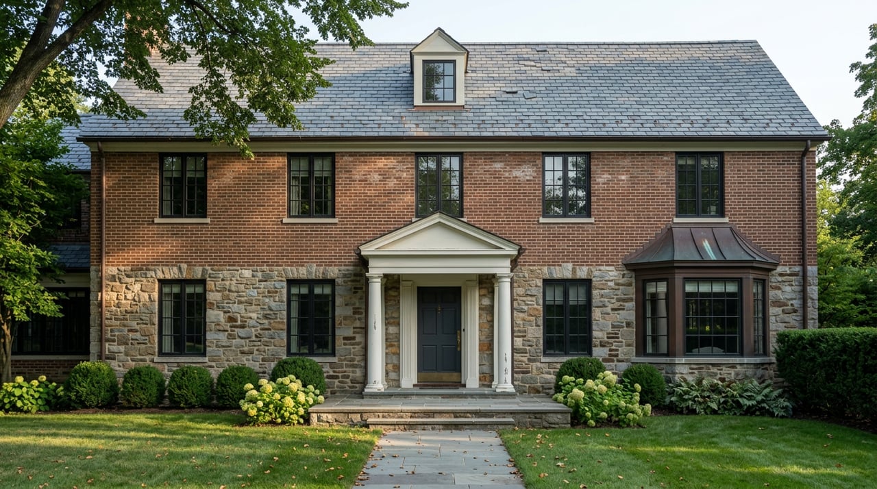Symmetrical stone-and-brick house with white-columned entry, copper bay window, slate roof, and elm canopy.