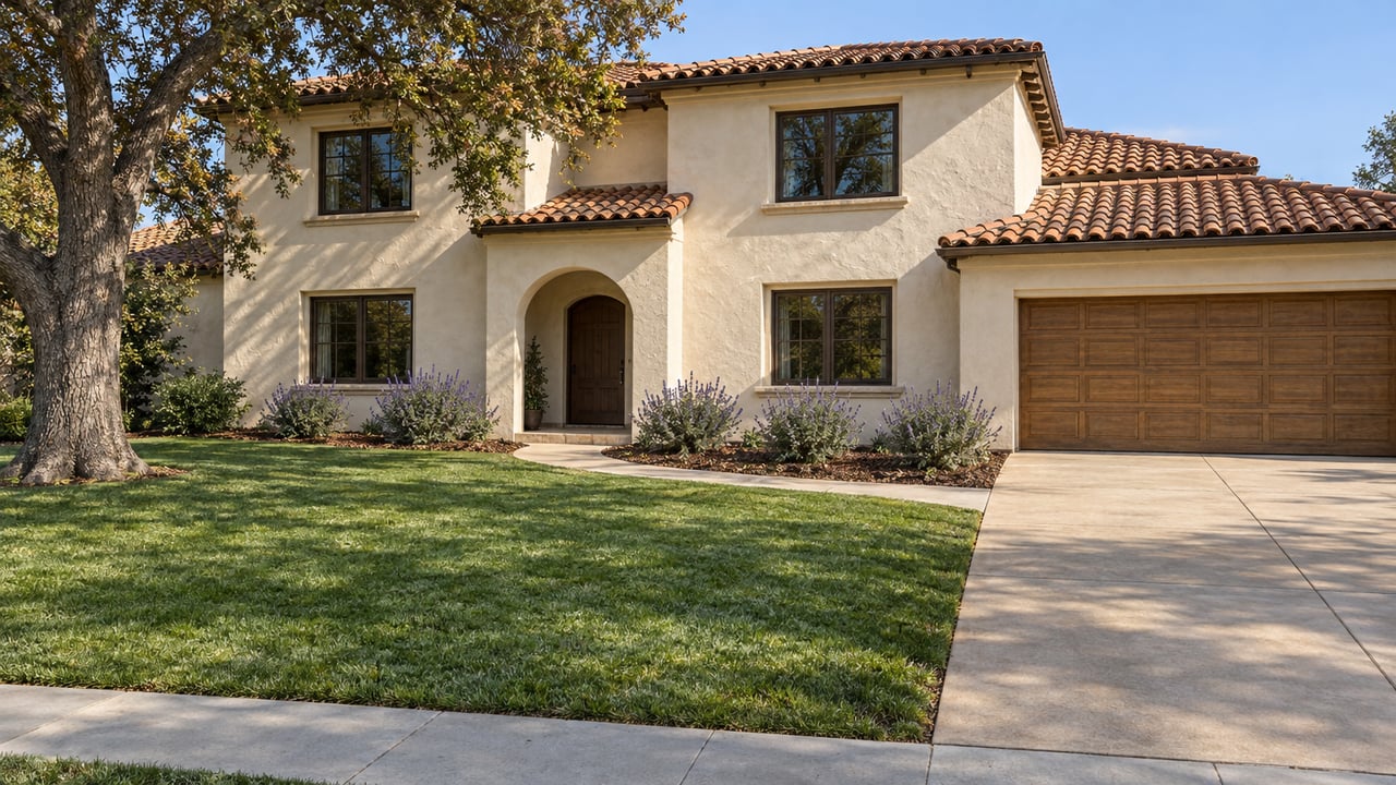 Cream stucco home with terracotta roofs, recessed arched entry, wood garage door and a deep lawn shaded by a mature oak.