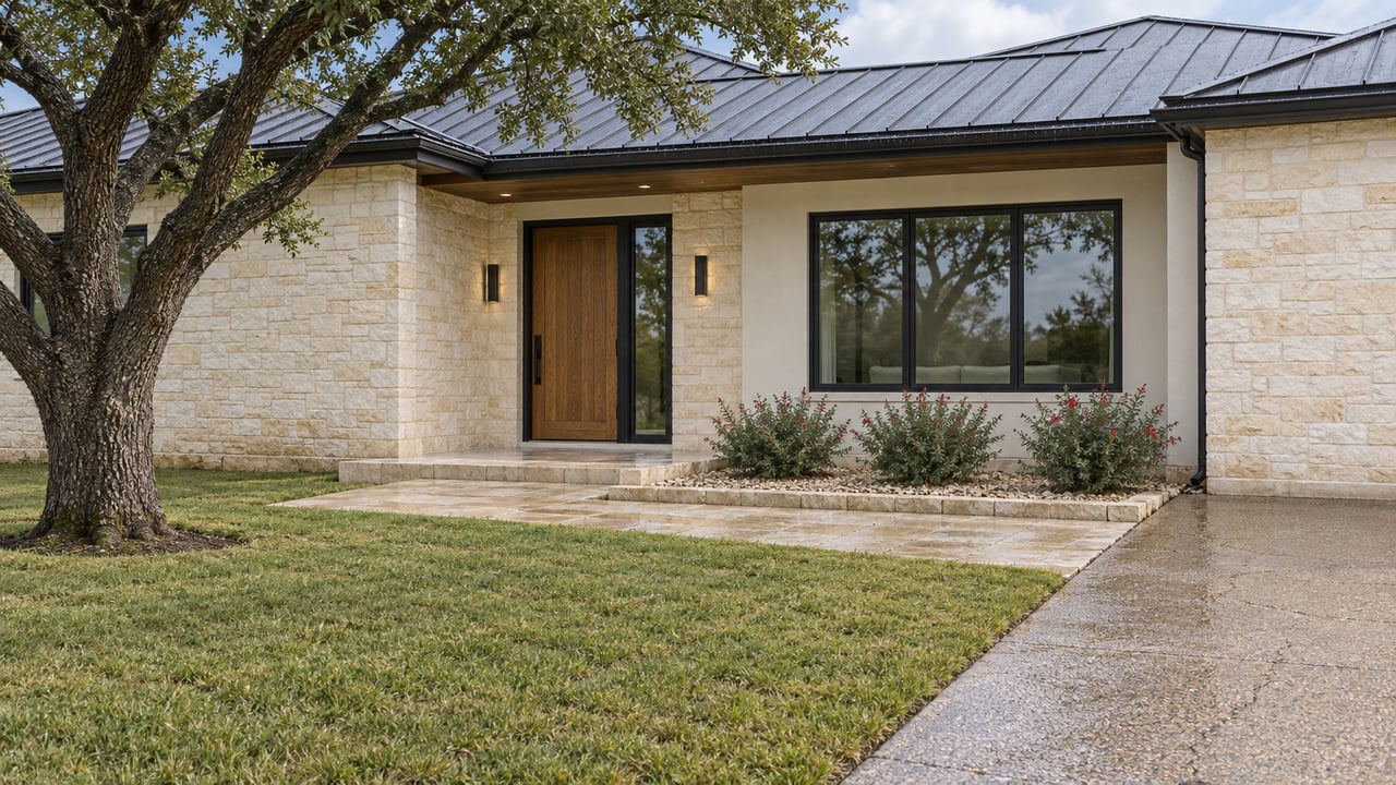 A limestone-and-stucco home with a sheltered oak entrance, black-framed windows and a broad lawn in soft daylight after rain.