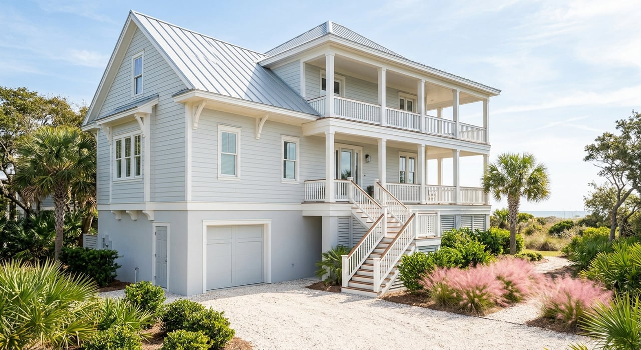A pale gray-sided house with stacked white porches, an exterior stair, garage, and shell driveway.