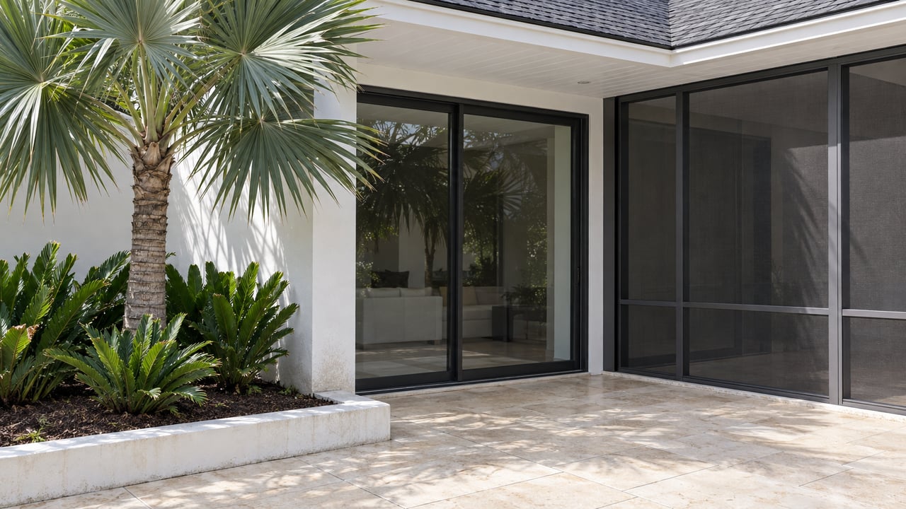 White masonry terrace with closed glass doors, charcoal insect screening, pale limestone paving, and a silver fan palm above a raised planting bed.