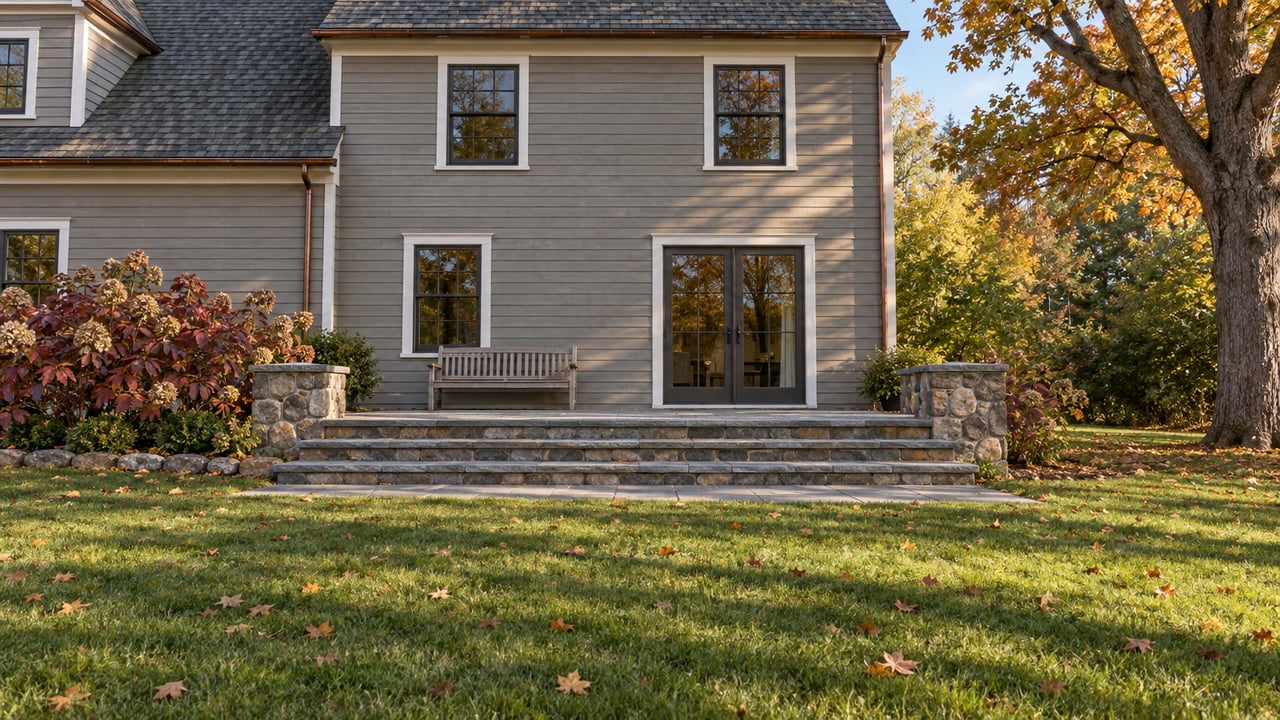 Warm gray two-story home with a bluestone rear terrace, broad autumn lawn and amber sugar maple in afternoon light.
