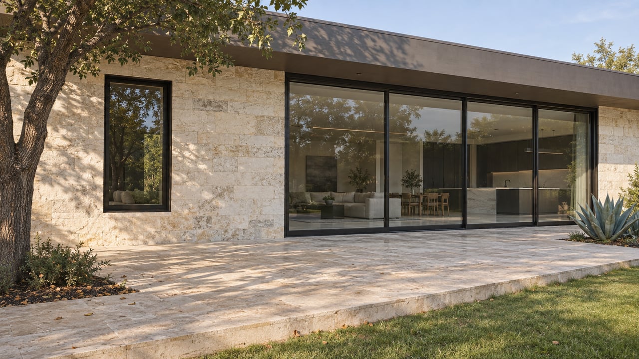 Limestone house with black-framed windows, closed glass doors, a terrace, lawn, and oak tree.