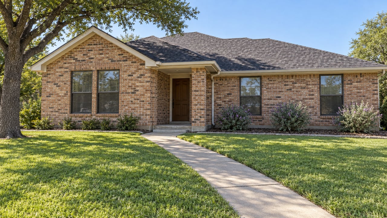 Single-story buff-and-russet brick home behind a broad green lawn, with a concrete entry walk, bronze-framed windows and a mature live oak.