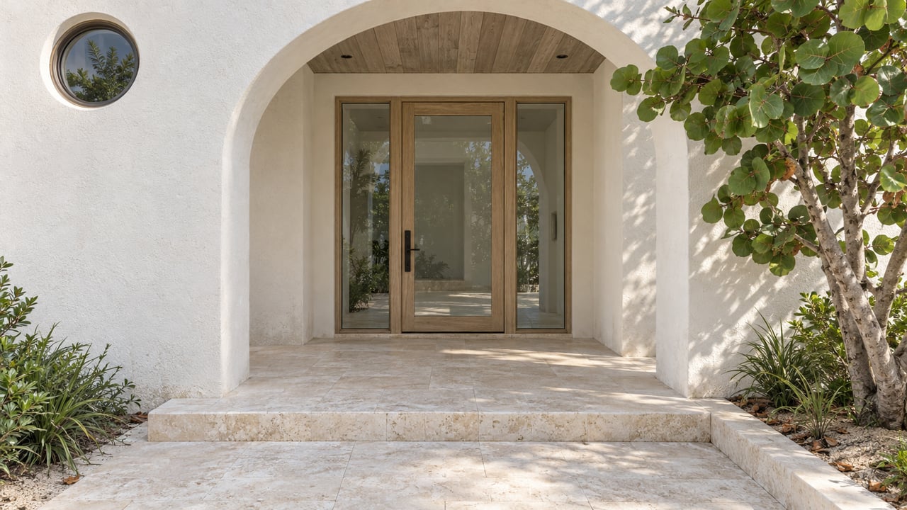 Rounded white stucco entrance with closed glass door, timber porch ceiling, pale limestone steps and a sculptural sea grape tree.