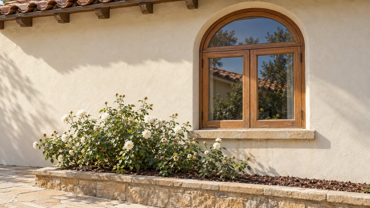 Arched wood-framed window in warm cream stucco above white roses and a weathered sandstone garden border.