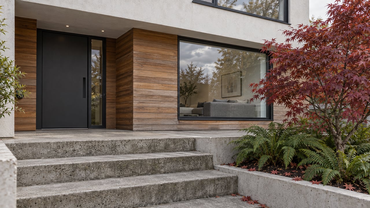 Modern stucco and cedar home entrance with black-framed glazing, concrete steps, and a red-leaved Japanese maple.