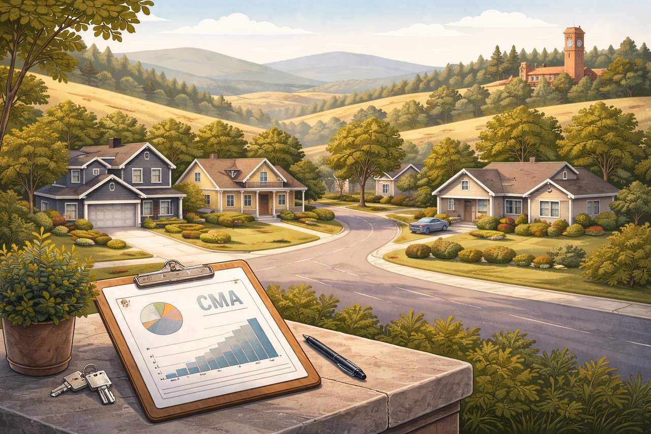 Palouse style illustration of a Pullman neighborhood representing home value evaluation and local real estate pricing.