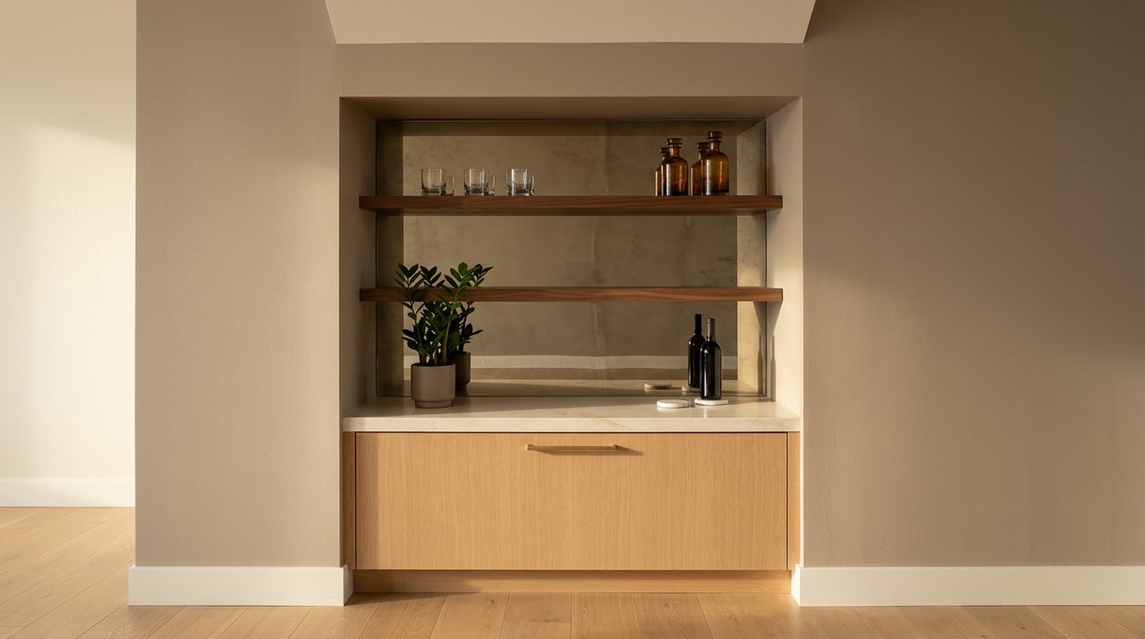 Wet bar niche with oak cabinetry, cream quartz counter, walnut shelves, glassware, and amber decanters.