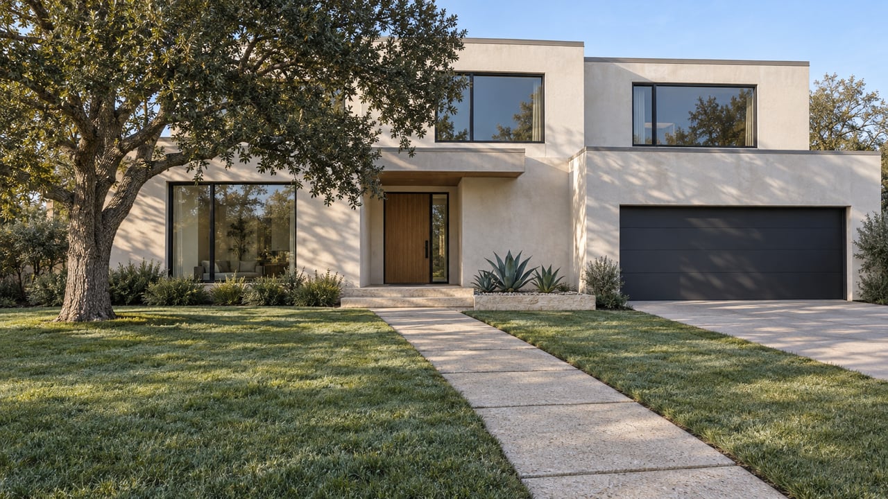 Contemporary two-story home with warm-white stucco, dark window frames, a deep lawn and a mature oak beside the entry walk.