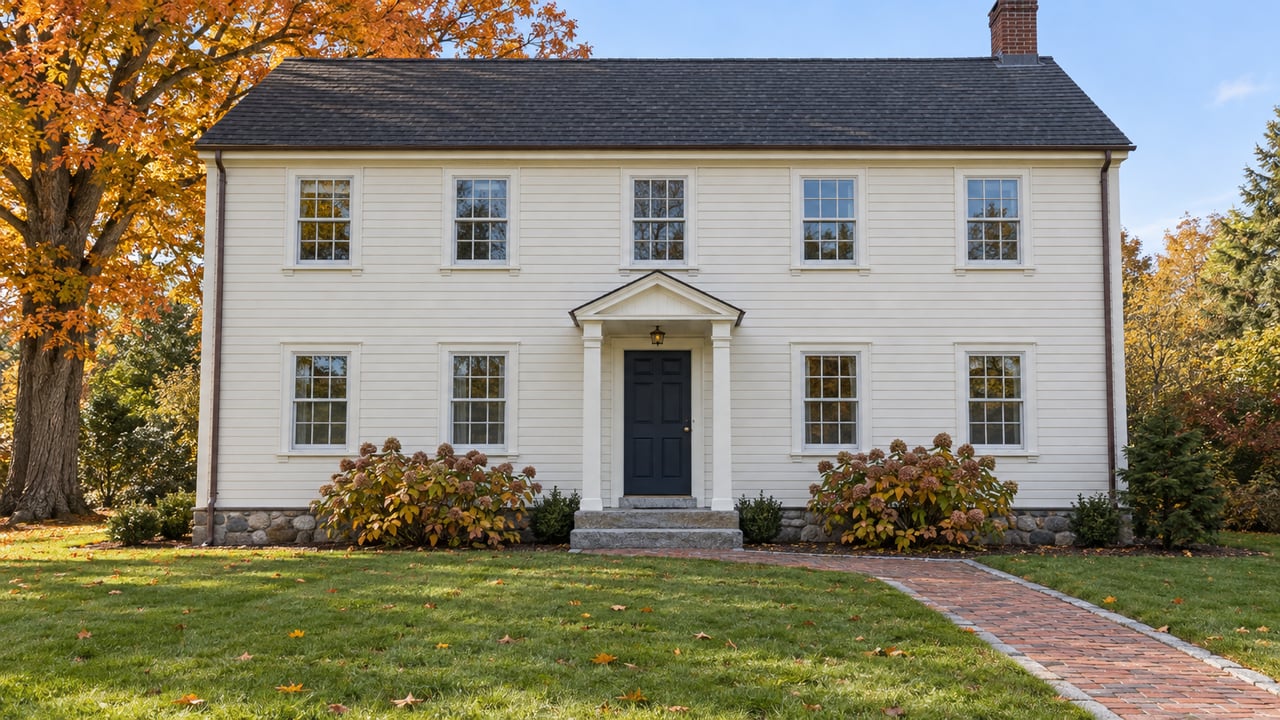 Ivory clapboard home with a navy front door, worn brick walk and deep lawn beneath an orange-gold maple.