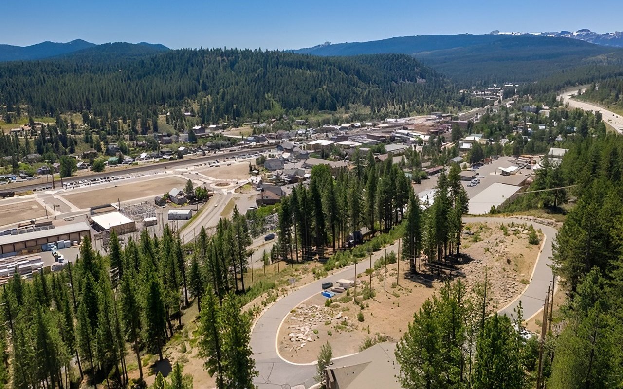 Aerial view of a development site with curving roads and pine trees, backed by forested mountains.